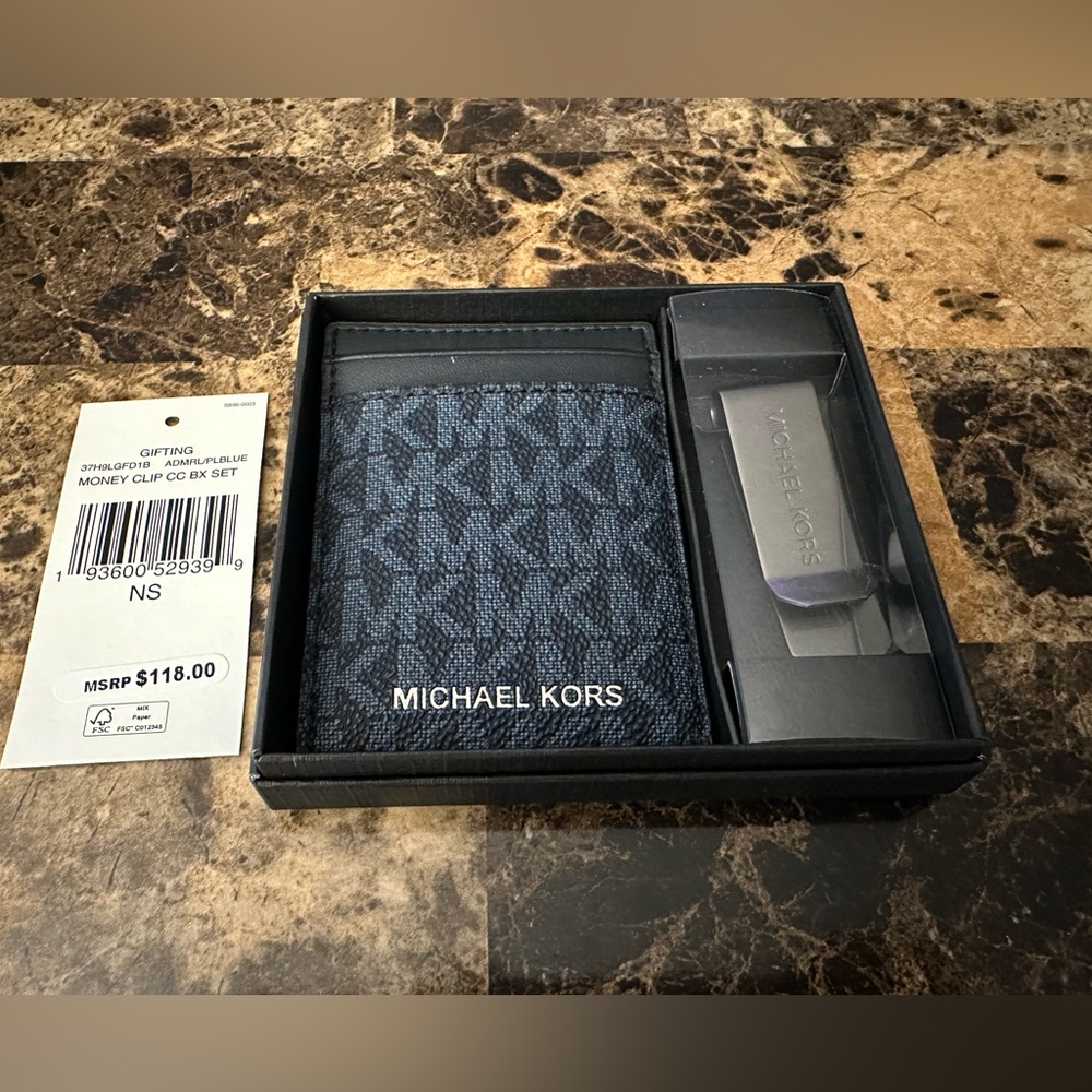 New Michael Kors Money Clip Card Case Boxed Set Admiral Blue